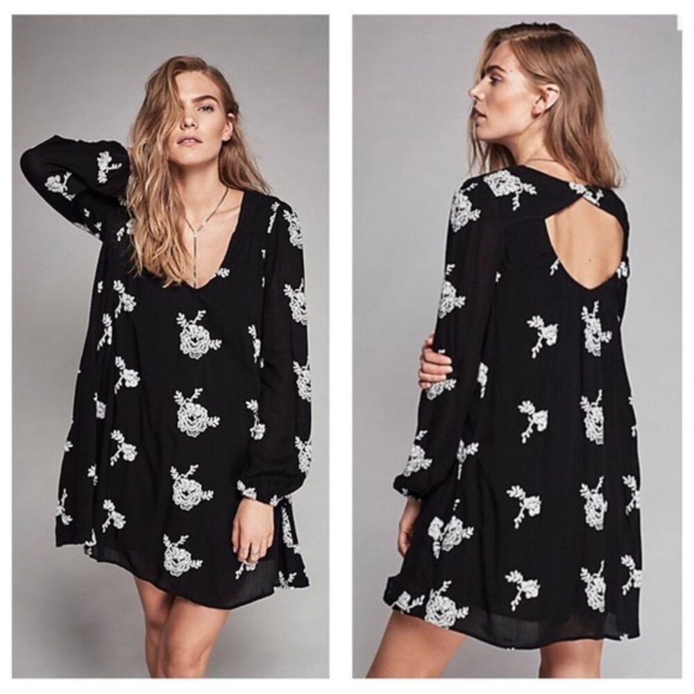 Free People Austin Embroidered Mini Dress Black Small White Floral embroidery